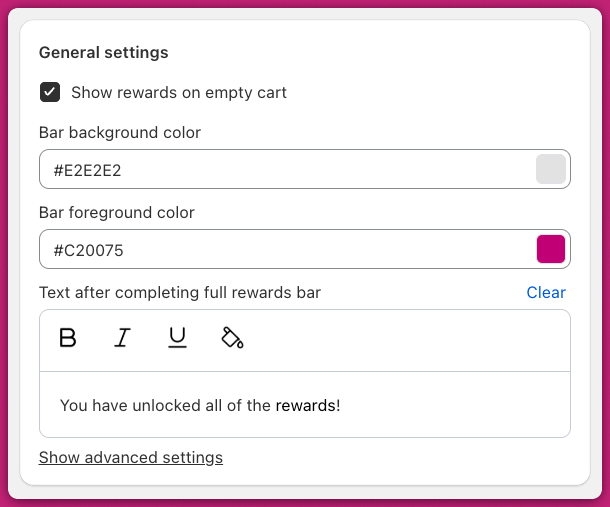Rewards module General settings with bar colours and completion message fields
