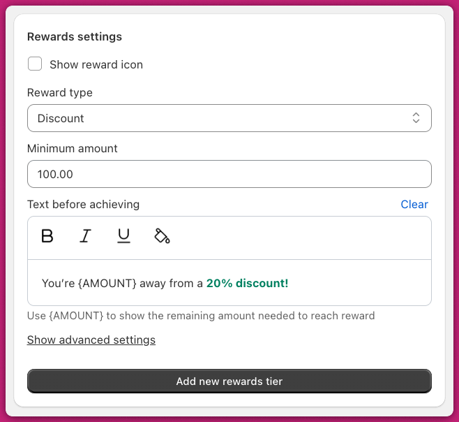 Rewards settings with reward type, minimum amount, and text before achieving fields