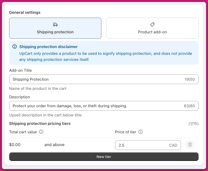 Shipping Protection add-on settings with title, description, and pricing tiers