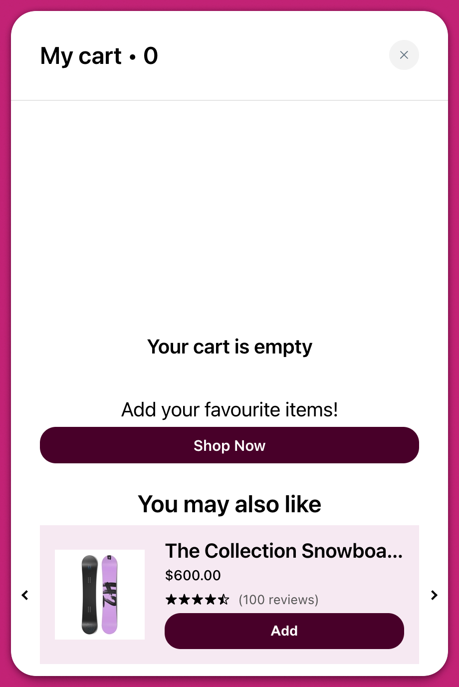 Empty Upcart cart drawer with a Shop Now button and a recommended snowboard product