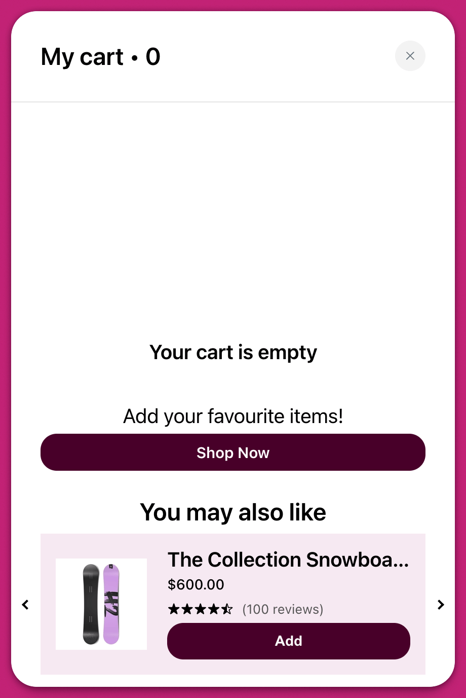 Empty Upcart cart drawer with a Shop Now button and a recommended snowboard product
