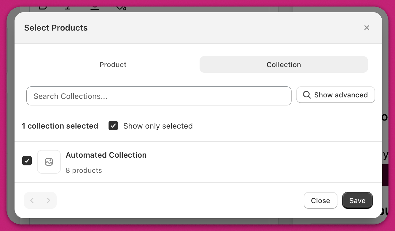 Select Products modal on the Collection tab for choosing recommended products