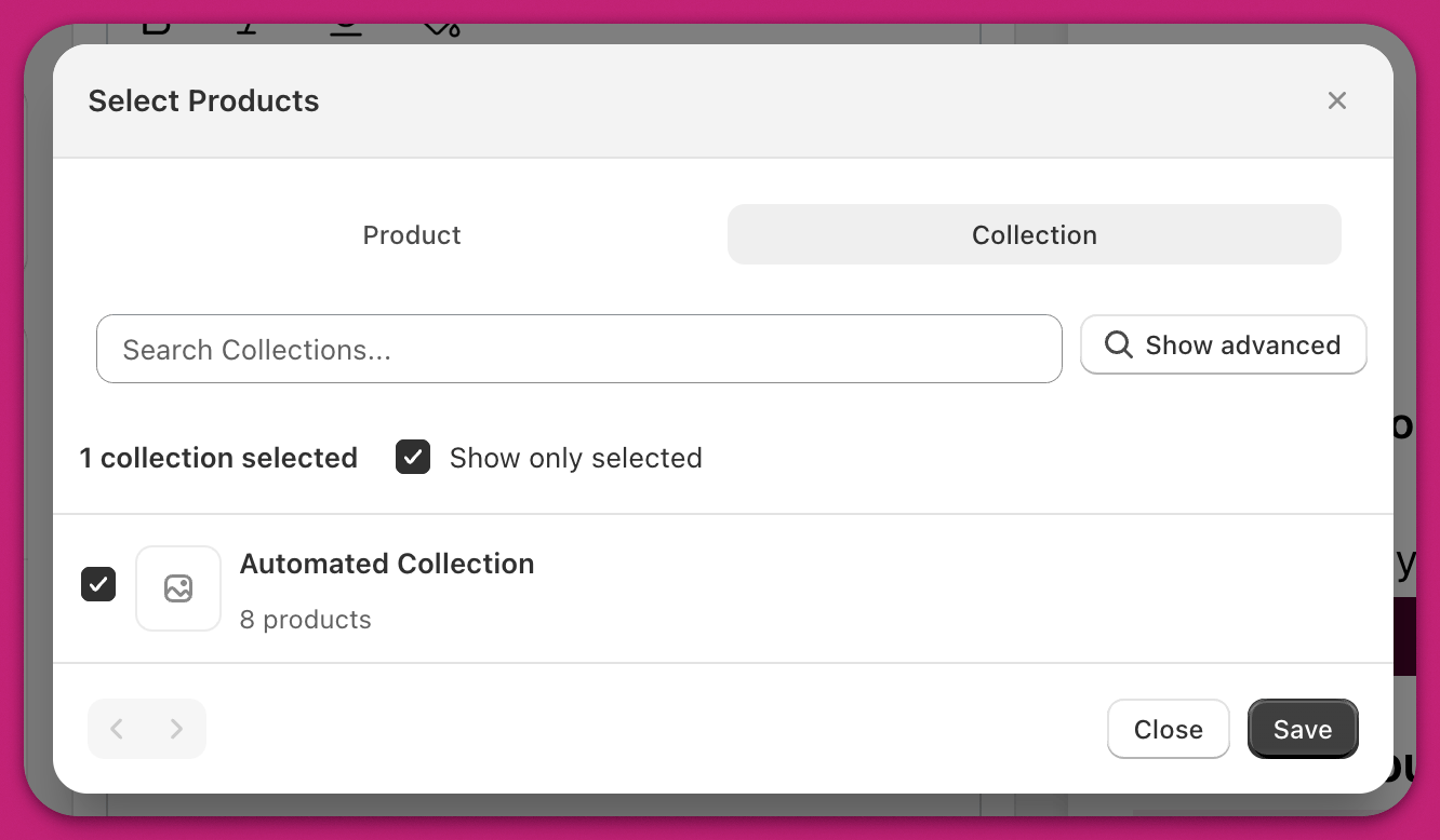 Select Products modal on the Collection tab for choosing recommended products