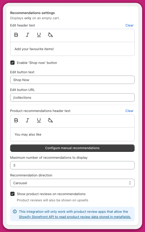 Recommendations settings panel with header text, Shop Now button, and layout options