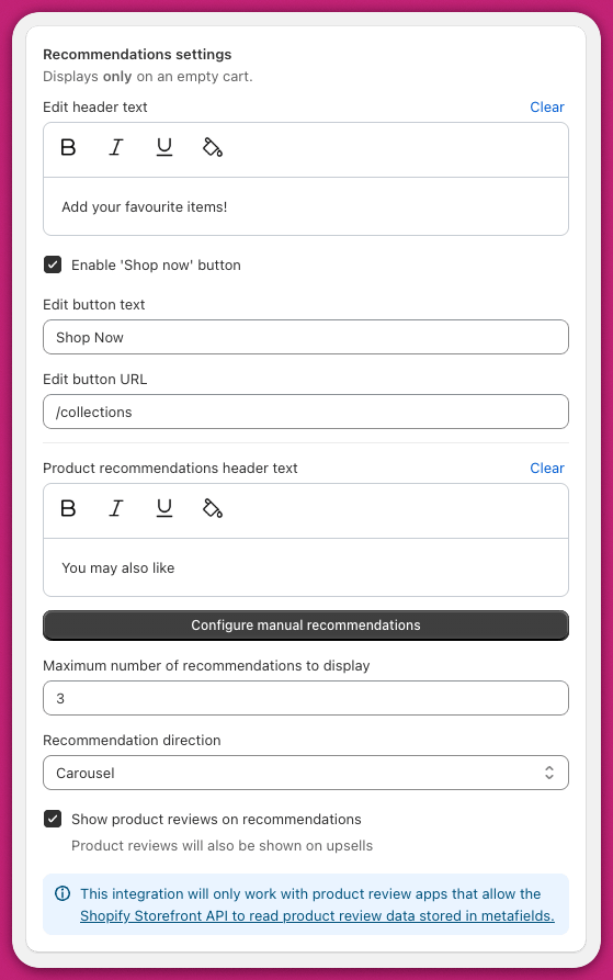 Recommendations settings panel with header text, Shop Now button, and layout options
