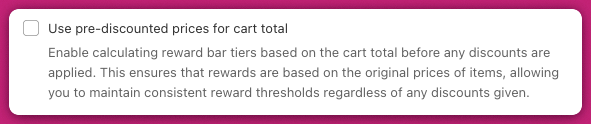 Use pre-discounted prices for cart total checkbox setting with description