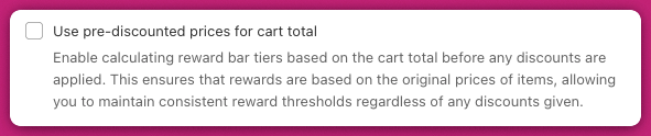 Use pre-discounted prices for cart total checkbox setting with description