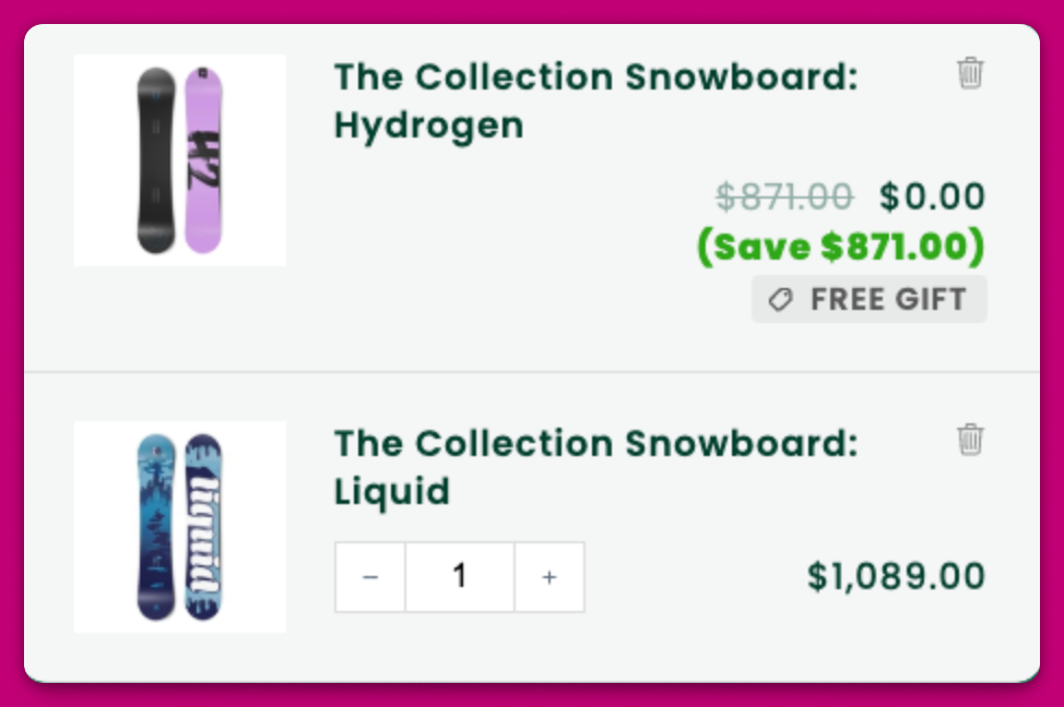 Cart with a free gift snowboard that has no quantity selector beside a paid snowboard