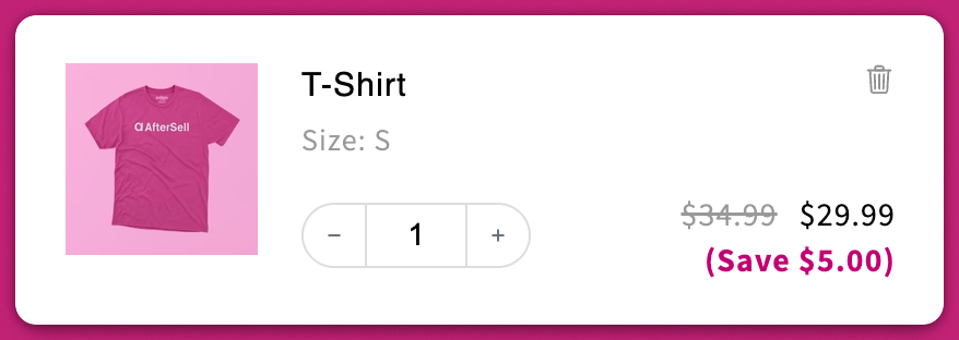 Cart T-Shirt line item showing the discounted price with a Save 5.00 savings line below
