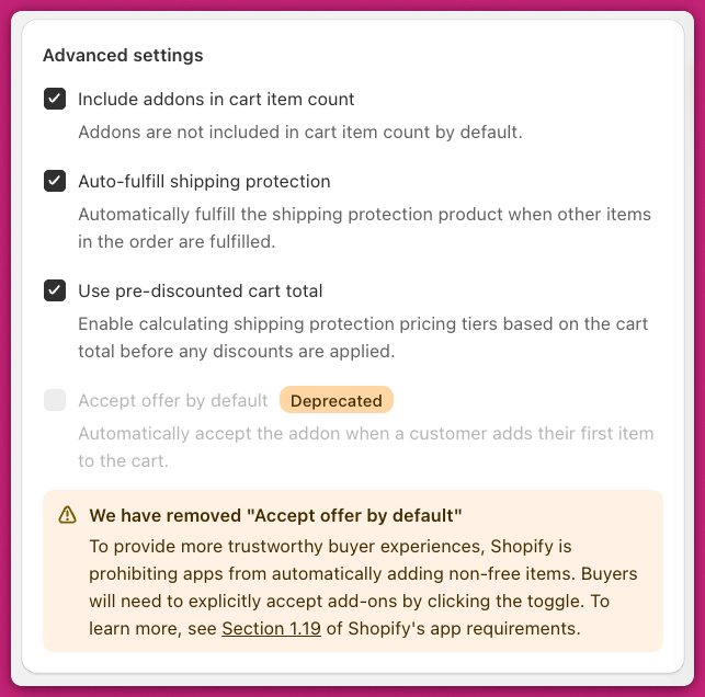 Shipping Protection advanced settings toggles including the deprecated Accept offer by default option
