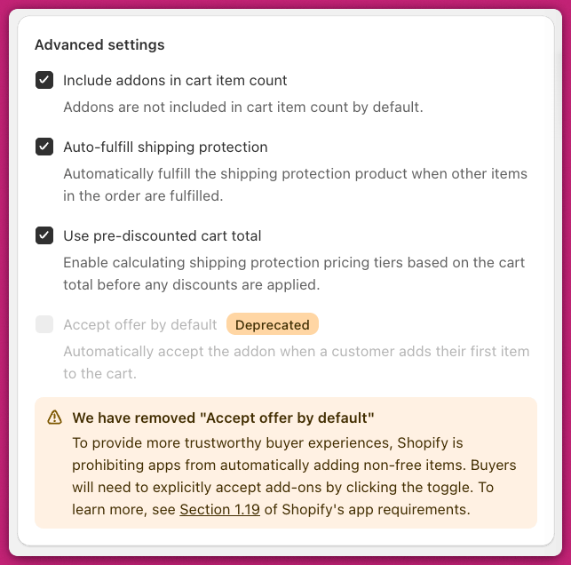 Shipping Protection advanced settings toggles including the deprecated Accept offer by default option