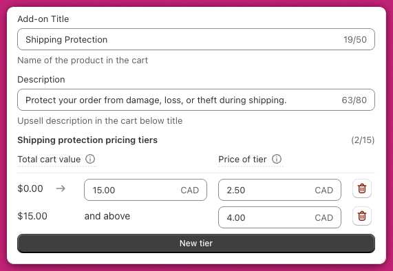Shipping Protection settings with add-on title, description, and cart-value pricing tiers
