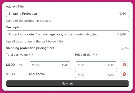 Shipping Protection settings with add-on title, description, and cart-value pricing tiers