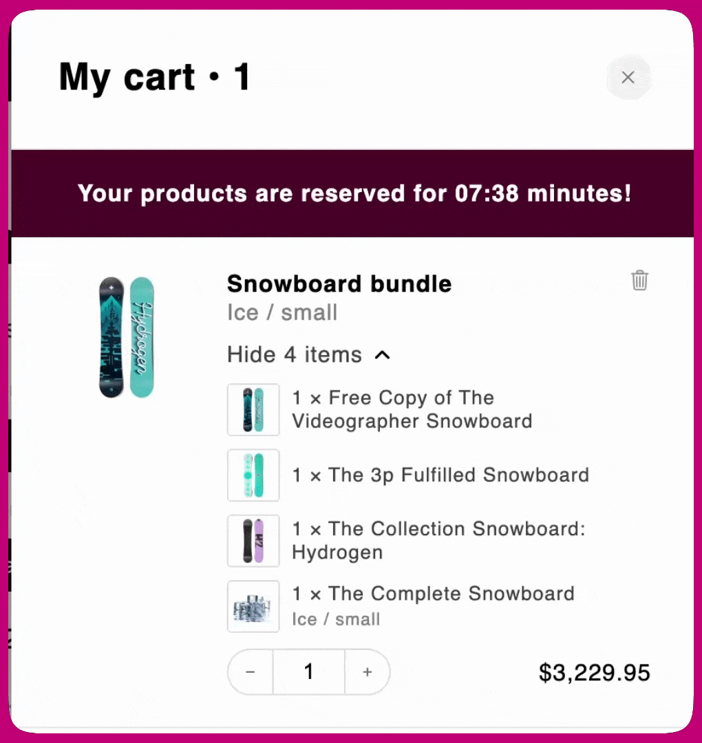 Upcart cart drawer showing a Snowboard bundle expanded to reveal its four included products