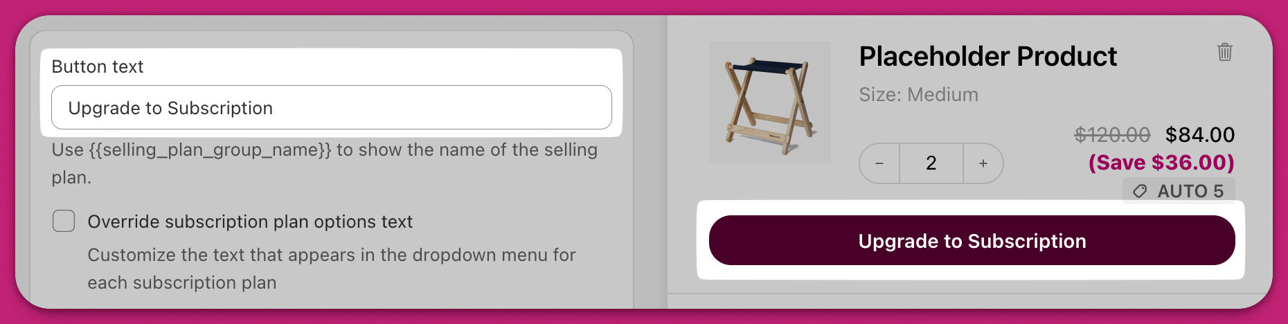 Upcart Button text field set to Upgrade to Subscription beside a cart preview of the upgrade button
