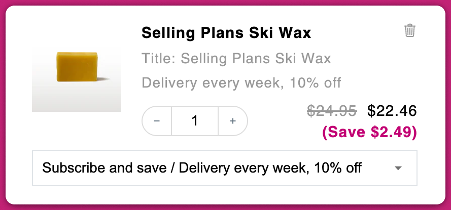 Upcart cart item with a dropdown to switch between subscribe and save and one-time purchase