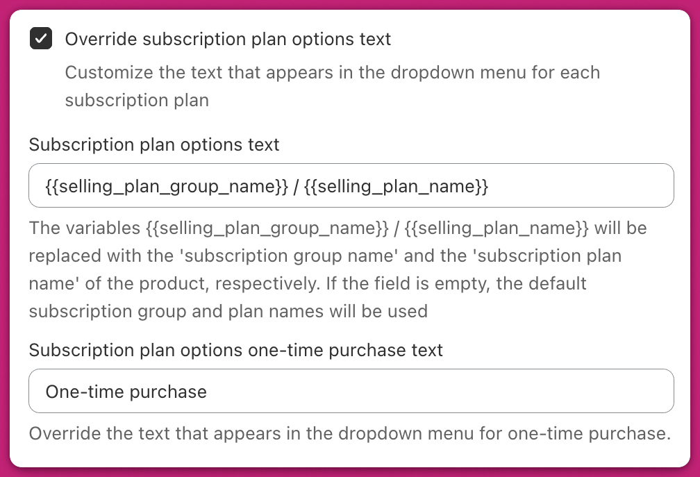 Upcart override settings for subscription plan options text using selling plan name variables