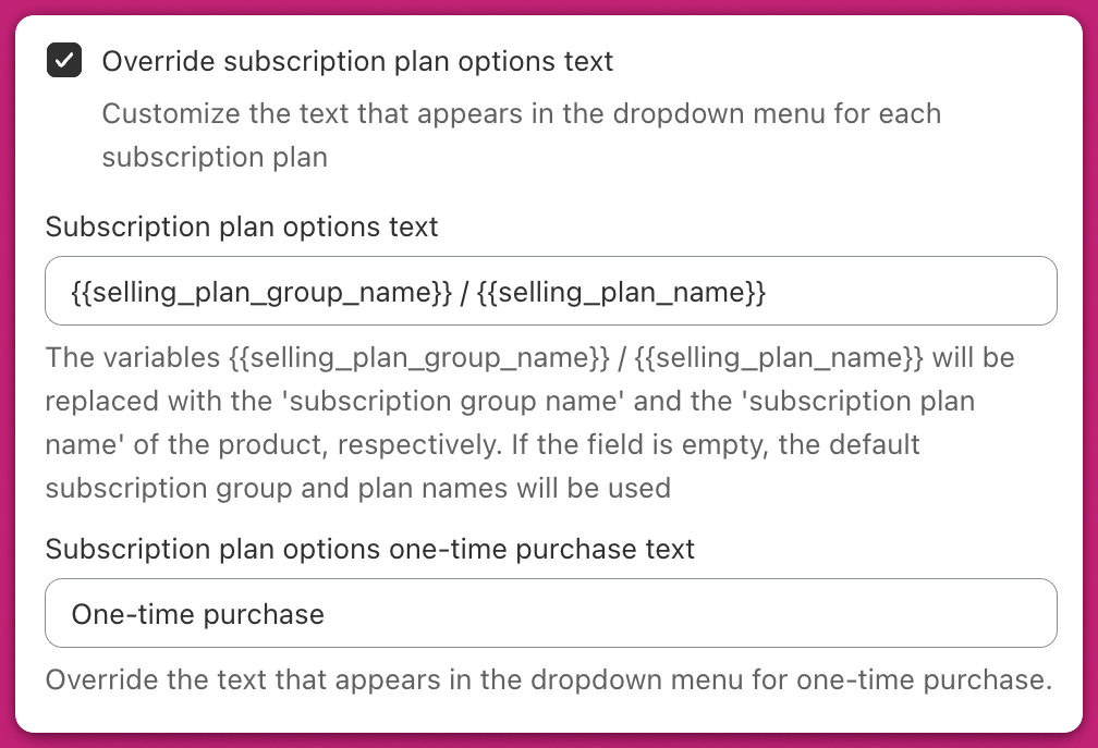 Upcart override settings for subscription plan options text using selling plan name variables