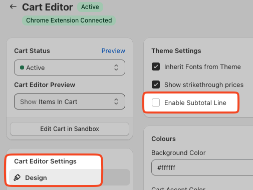 Cart Editor Design settings with the Enable Subtotal Line checkbox highlighted
