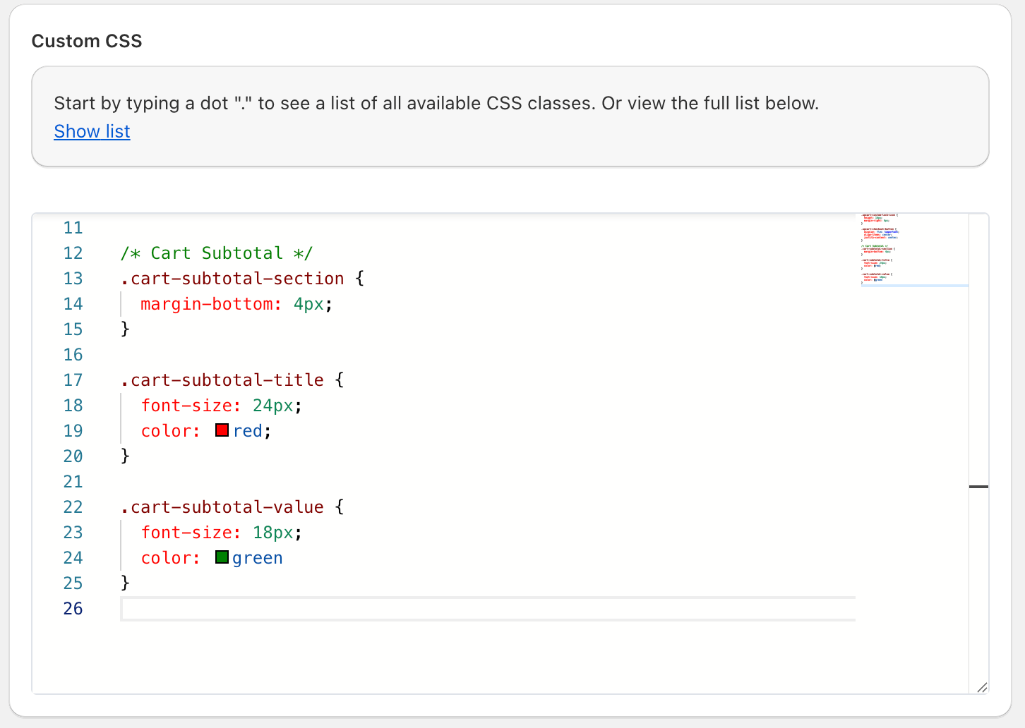 Custom CSS settings showing the cart subtotal styling rules