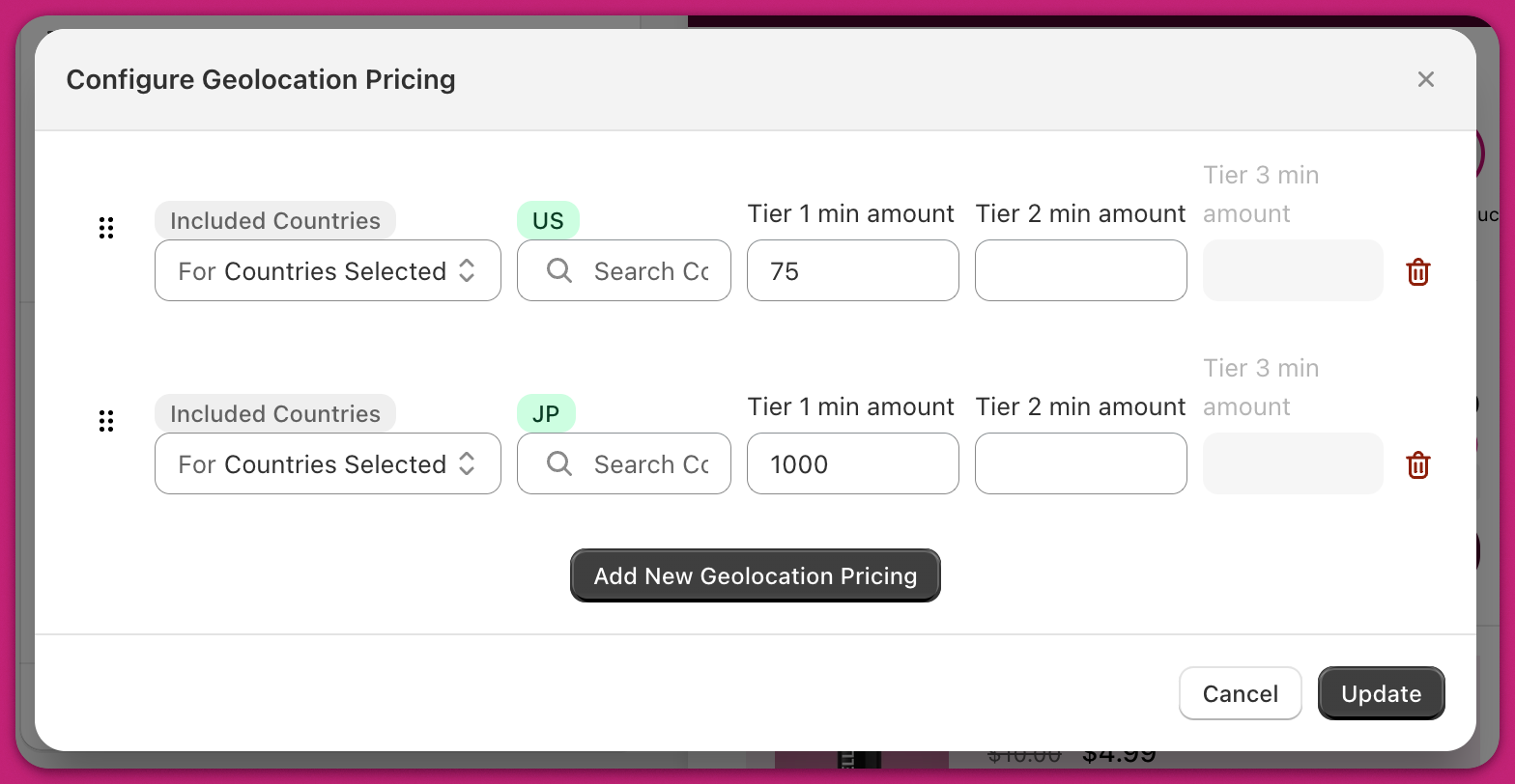 Configure Geolocation Pricing dialog with US and JP country rules and tier minimum amounts