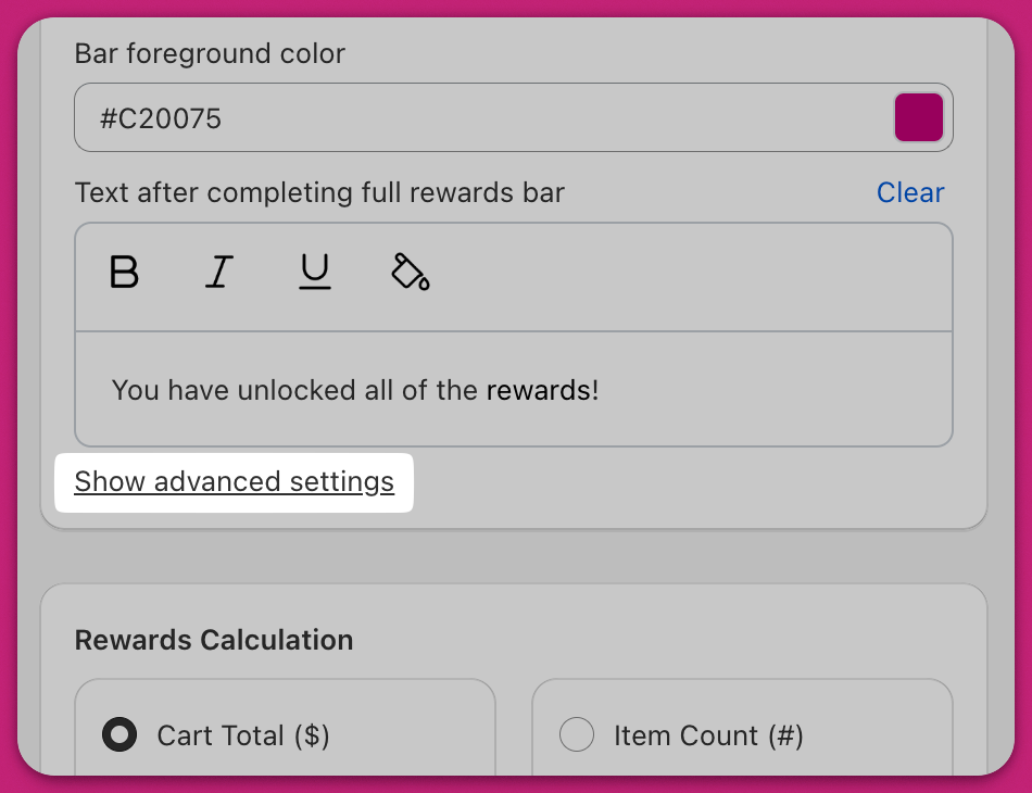 Rewards settings with the Show advanced settings link highlighted below the bar text