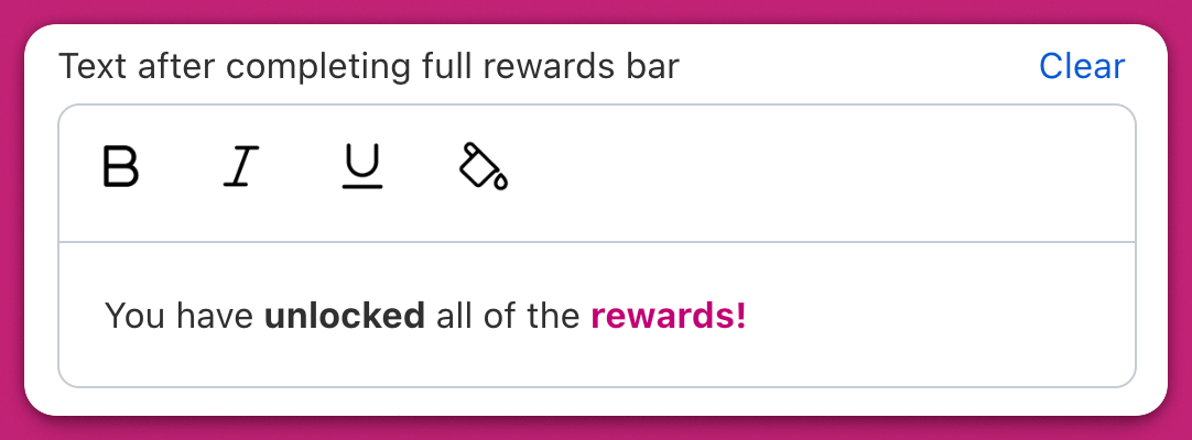 Rewards completion message editor with formatting toolbar and sample unlocked text