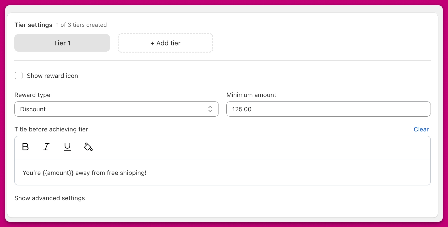 Upcart Tier settings panel with reward type, minimum amount, and tier title fields