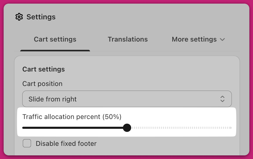 Cart settings with the Traffic allocation percent slider set to 50 percent