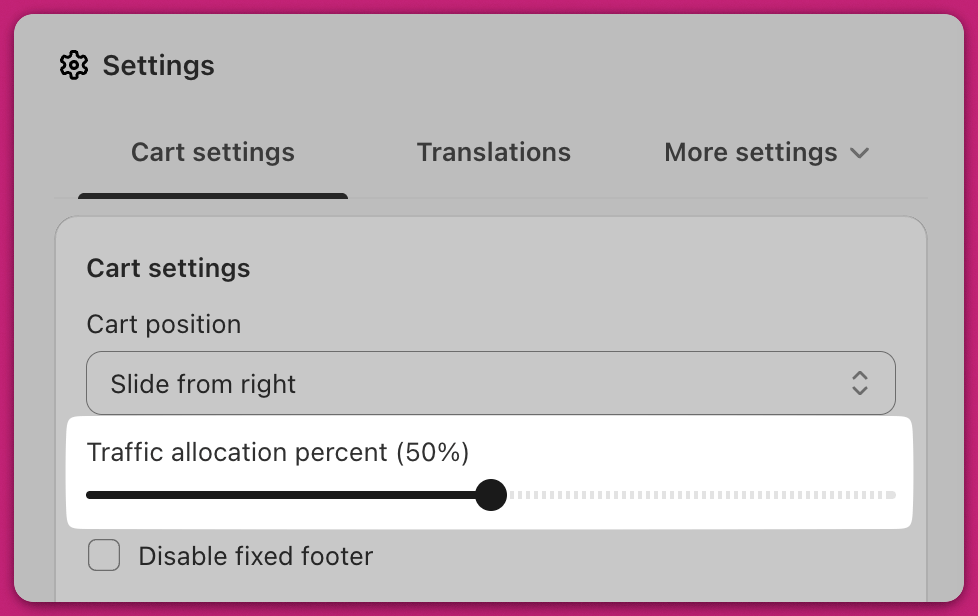Cart settings with the Traffic allocation percent slider set to 50 percent