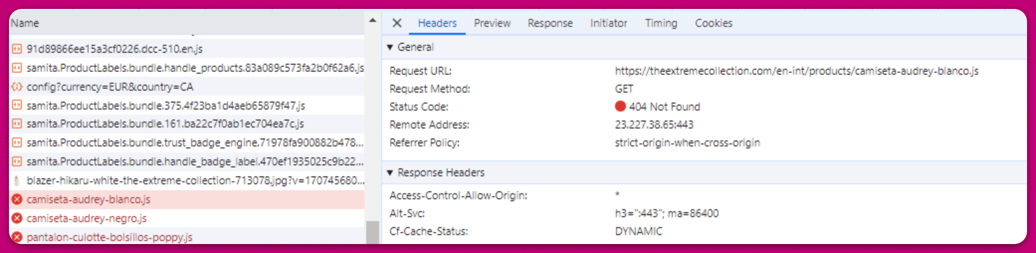 Browser network inspector showing a 404 Not Found error fetching a Spanish product handle