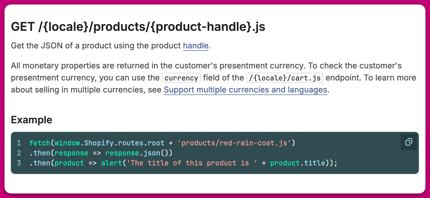 Shopify Product API documentation showing a fetch example for the red-rain-coat product handle