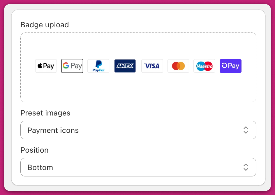 Trust Badge module with payment icon presets, preset image dropdown, and position setting