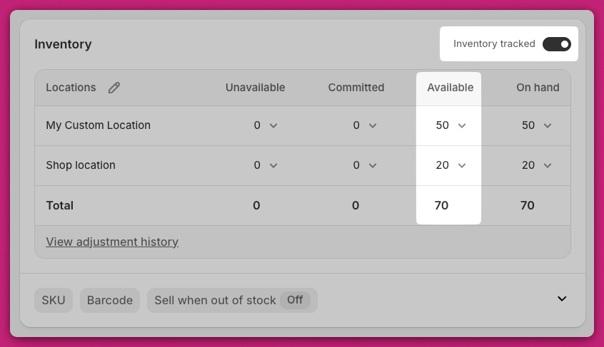 Shopify product Inventory panel with tracking enabled and stock levels per location