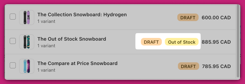 Shopify product list highlighting a snowboard marked Draft and Out of Stock