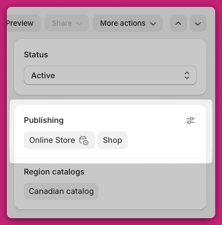 Shopify product Publishing section showing the Online Store sales channel