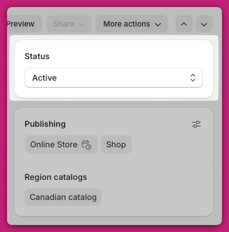 Shopify product Status dropdown set to Active in the product sidebar