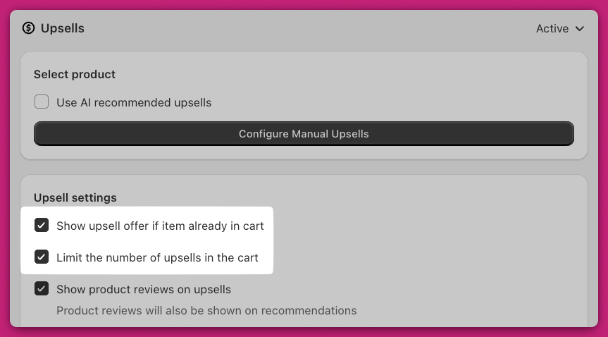 Upcart Upsell settings highlighting the show-if-in-cart and limit-number-of-upsells options