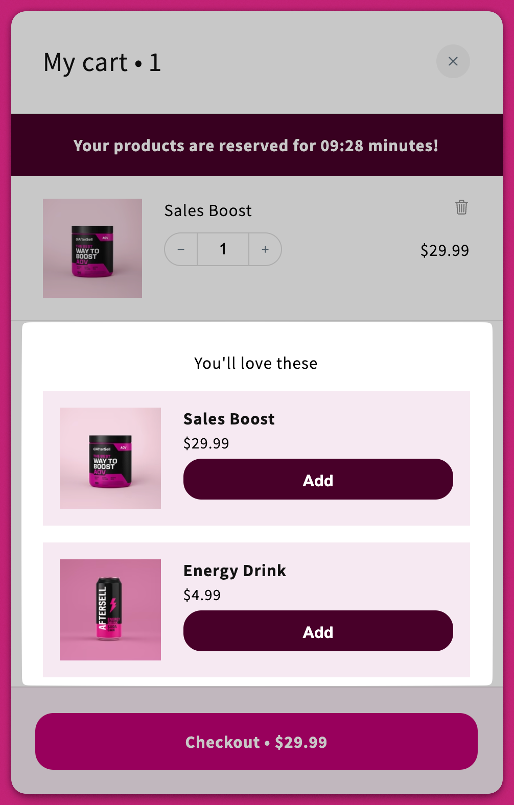 Cart drawer showing a You'll love these upsell section with Add buttons