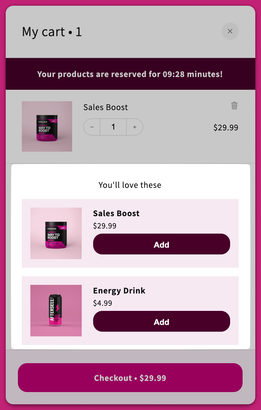 Cart drawer showing a You'll love these upsell section with Add buttons