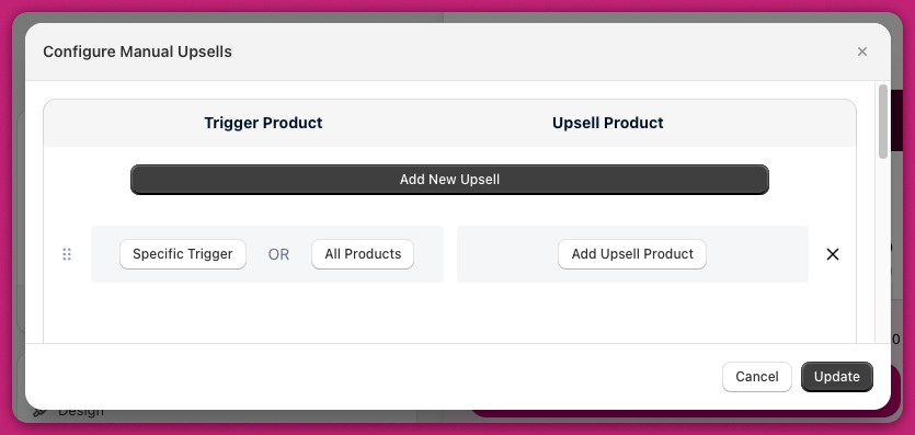 Configure Manual Upsells dialog with trigger product and upsell product columns