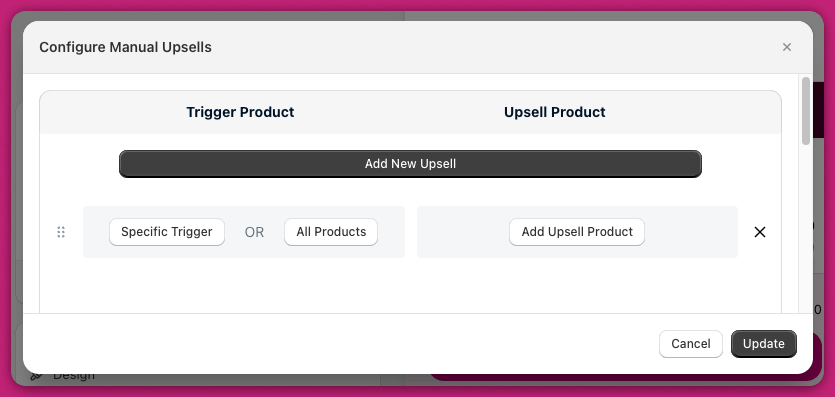 Configure Manual Upsells dialog with trigger product and upsell product columns