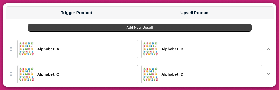 Manual upsell rows pairing trigger and upsell products with drag handles for ordering