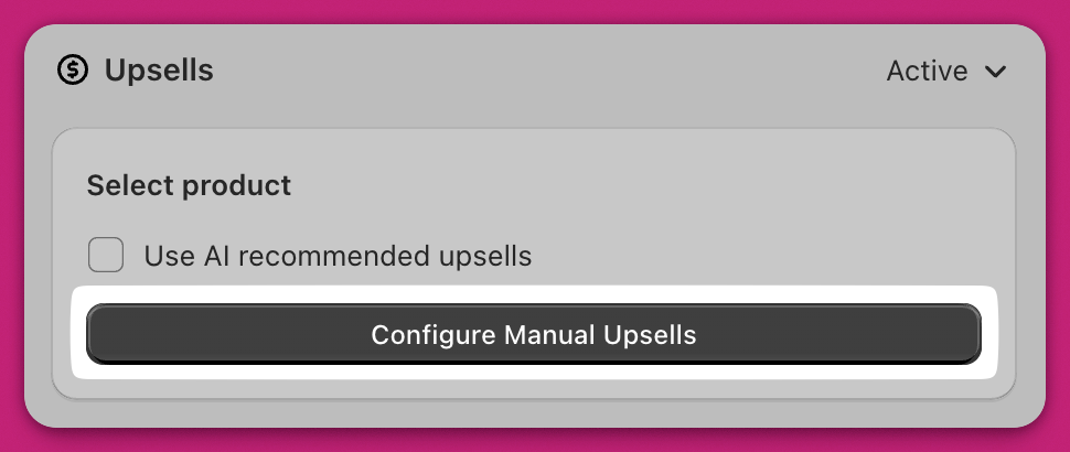 Upsells module with the Configure Manual Upsells button highlighted