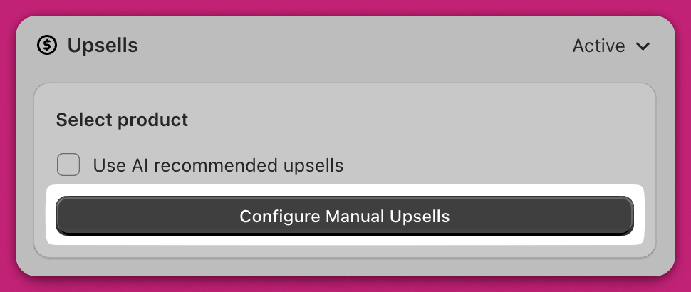 Upsells module with the Configure Manual Upsells button highlighted