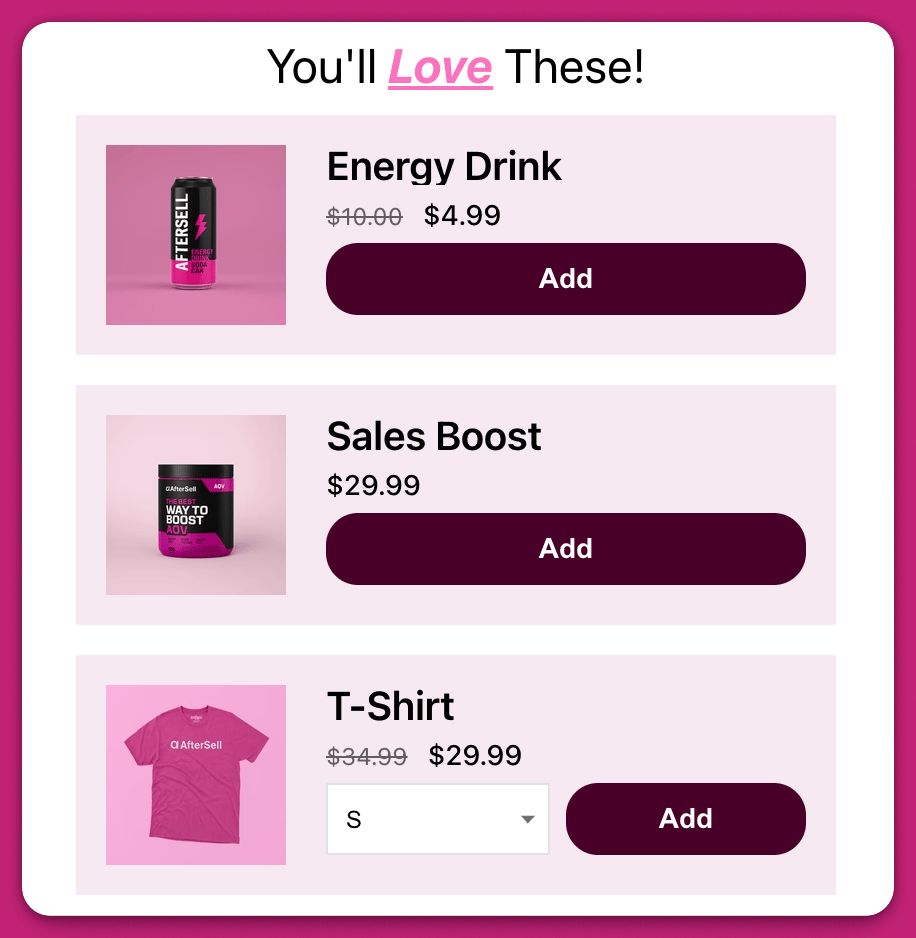 Block upsell layout with three products stacked vertically in the cart