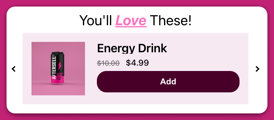 Carousel upsell layout showing one product with left and right navigation arrows