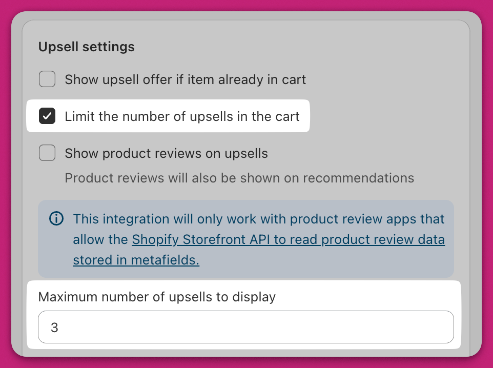 Limit the number of upsells checkbox enabled with maximum display set to 3