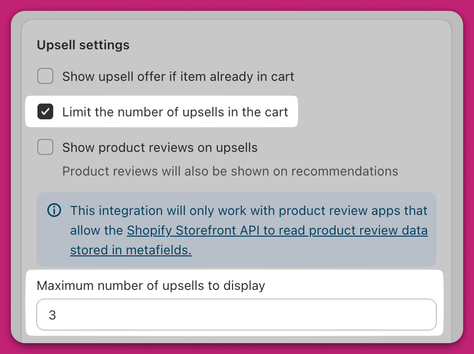Limit the number of upsells checkbox enabled with maximum display set to 3