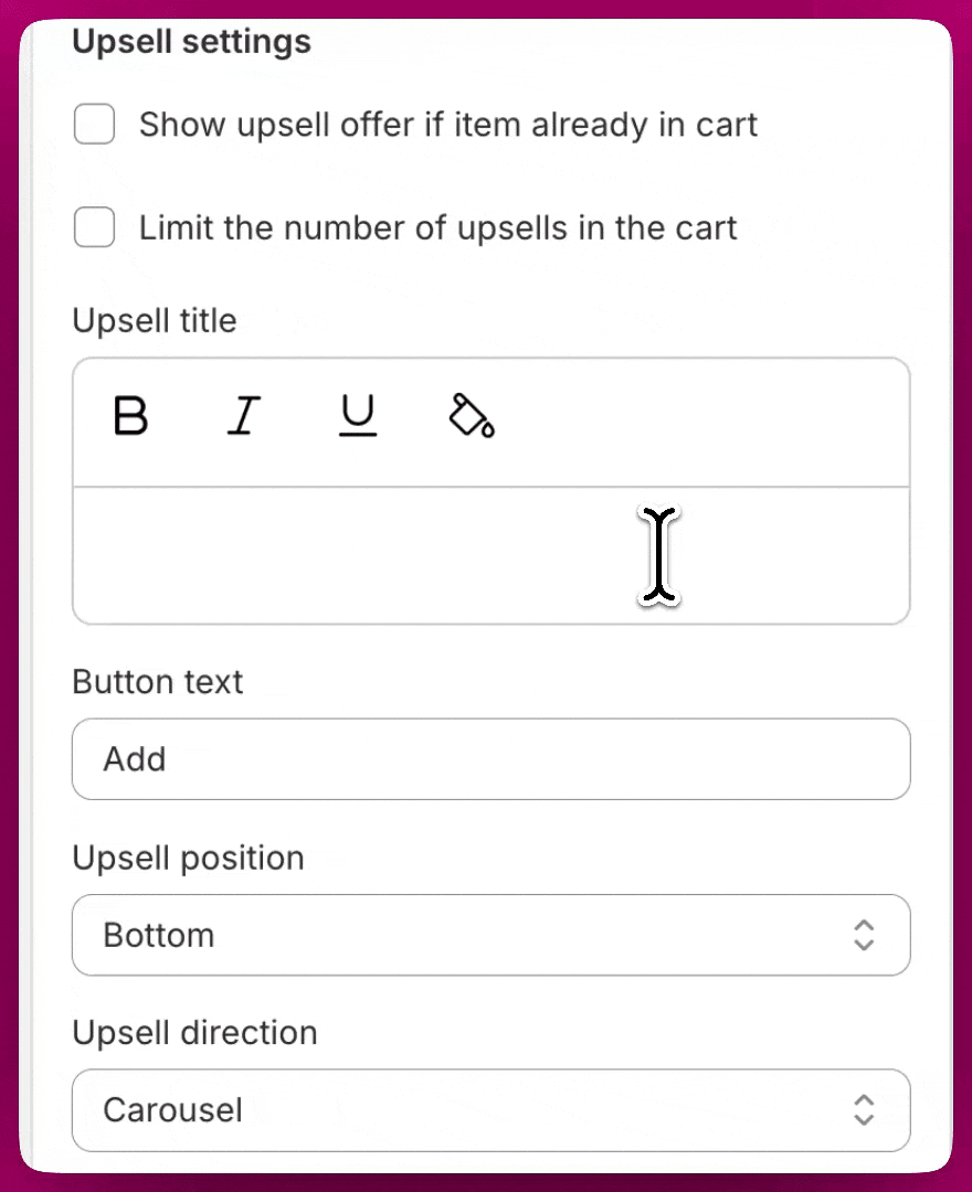 Editing the Upsell title with bold, italic, and color formatting applied to the text